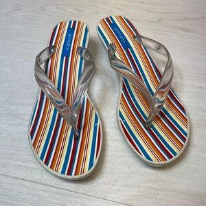 Grendha Womens 7 Kitten Heel Flip Flops Striped Clear Jelly Thong Sandals Multi